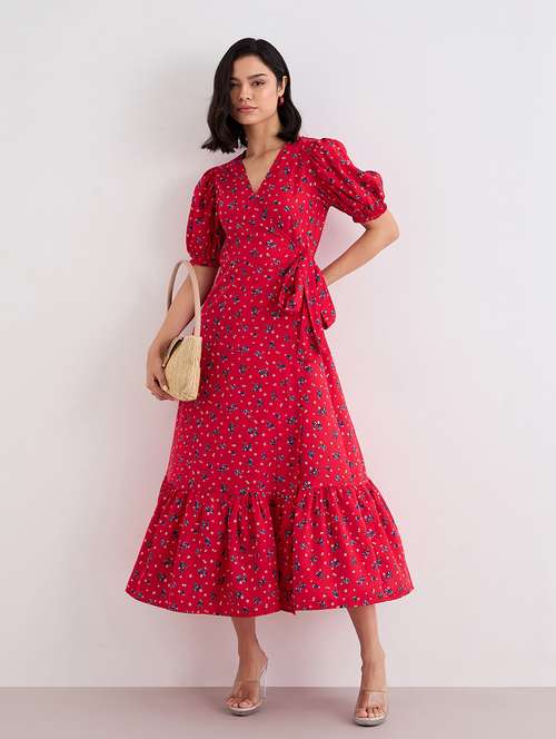 women floral printed puff sleeve tiered dress - 22083515 - Standard Image - 0