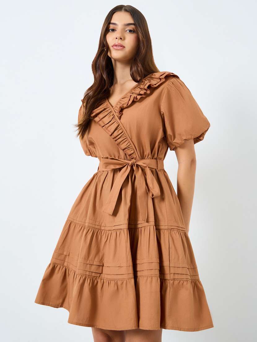 women solid puff sleeve tiered dress - 22083519 -  Standard Image - 2