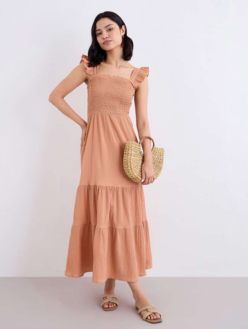 women solid sleeveless smocked tiered dress