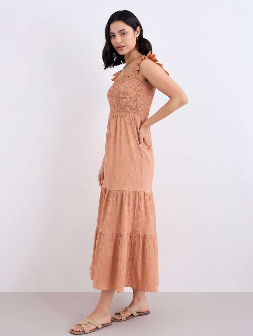 women solid sleeveless smocked tiered dress - 22083521 - Standard Image - 2