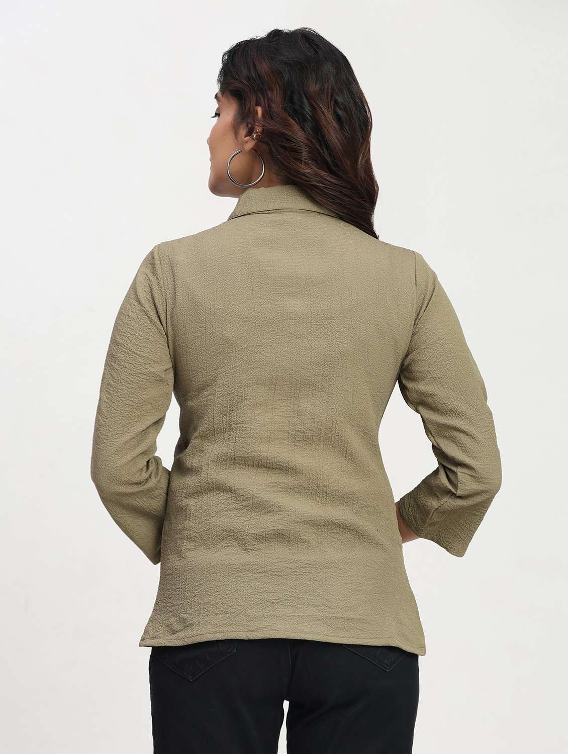 women solid three quarter sleeve collaerd shirt top - 22083548 - Standard Image - 2