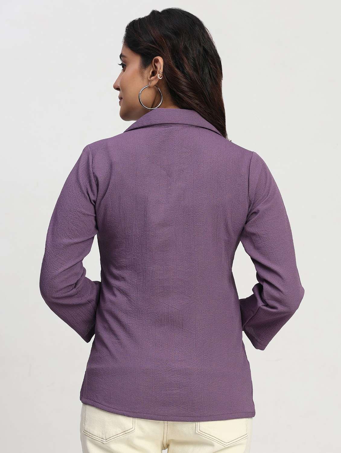 women solid three quarter sleeve collaerd shirt top - 22083549 - Standard Image - 2