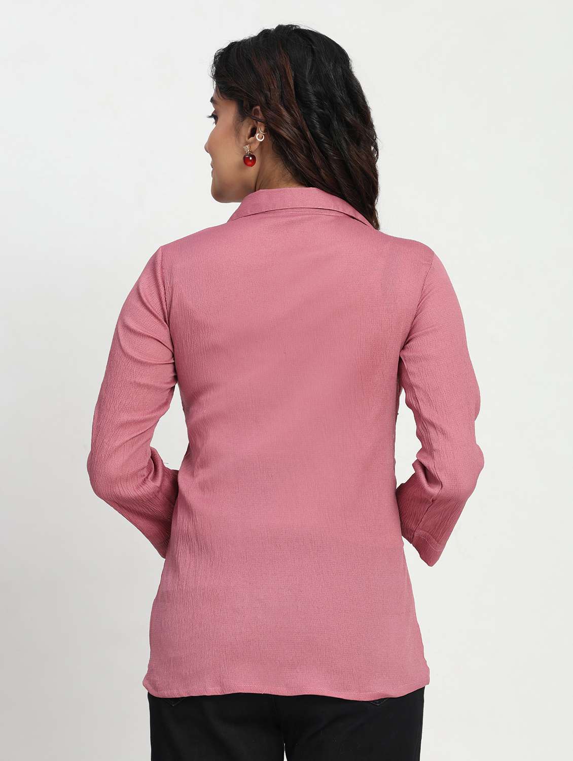 women solid three quarter sleeve collaerd shirt top - 22083550 - Standard Image - 2