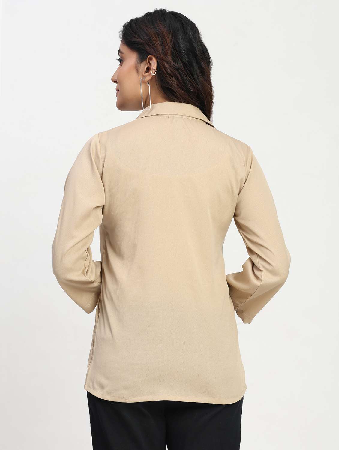 women solid three quarter sleeve collaerd shirt top - 22083552 - Standard Image - 2