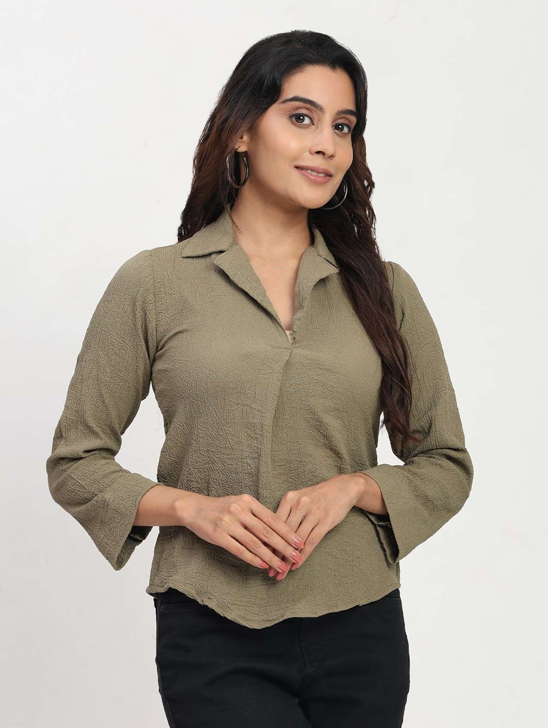 women solid long sleeve lapel collar shirt top