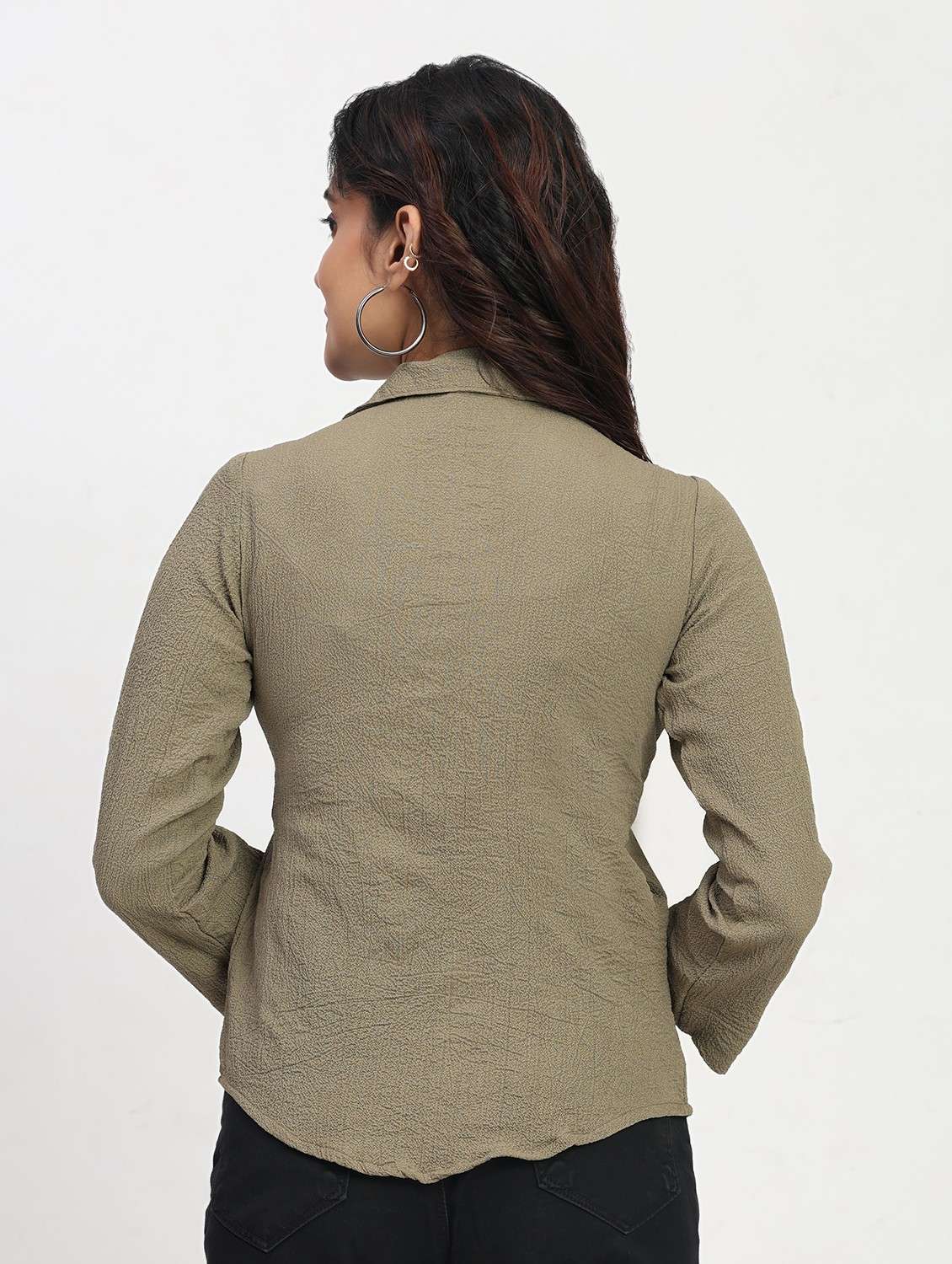 women solid long sleeve lapel collar shirt top - 22083554 - Standard Image - 2