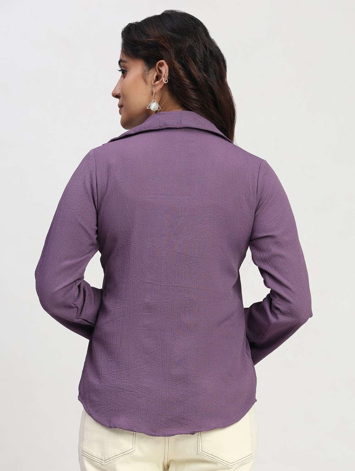 women solid long sleeve lapel collar shirt top - 22083555 - Standard Image - 2