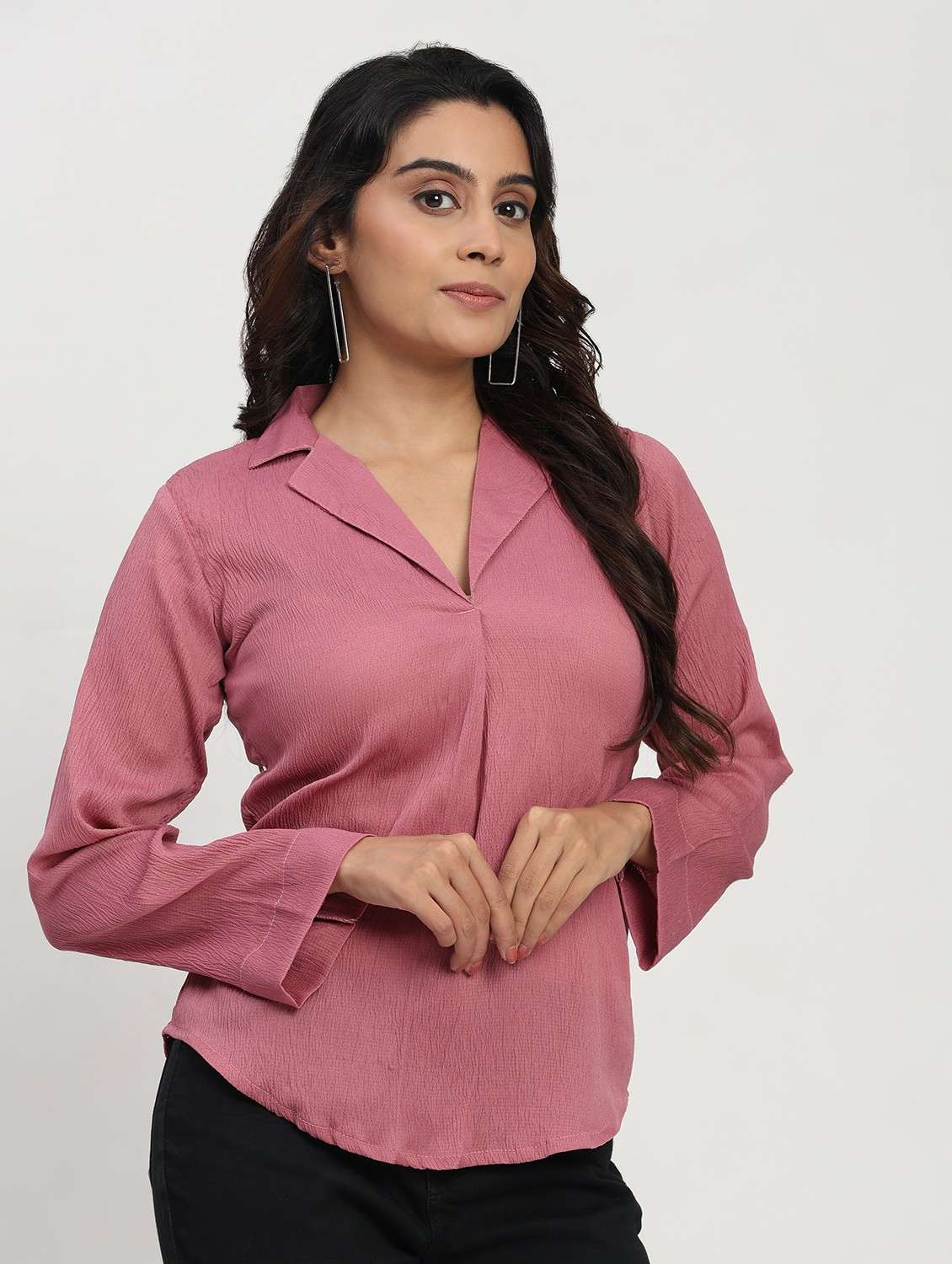 women solid long sleeve lapel collar shirt top - 22083556 - Standard Image - 2