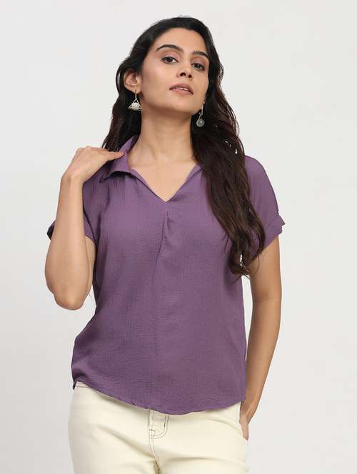 Women Solid Short Sleeve Collared Shirt Top