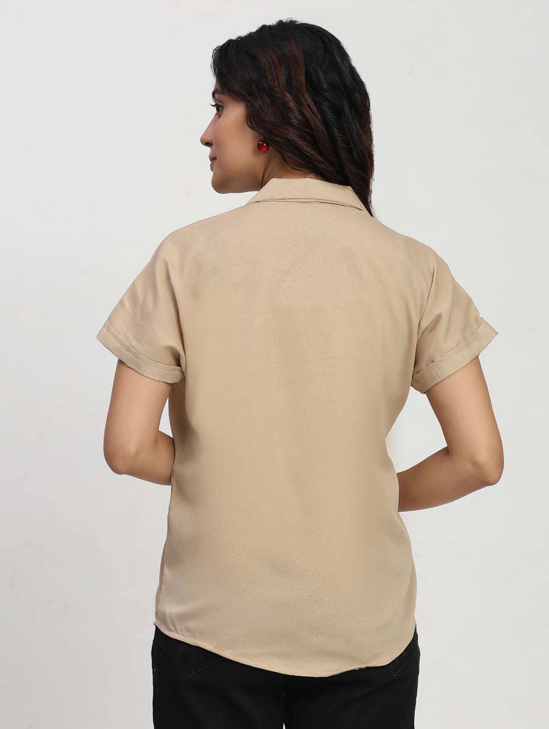 women solid short sleeve collared shirt top - 22083561 - Standard Image - 2