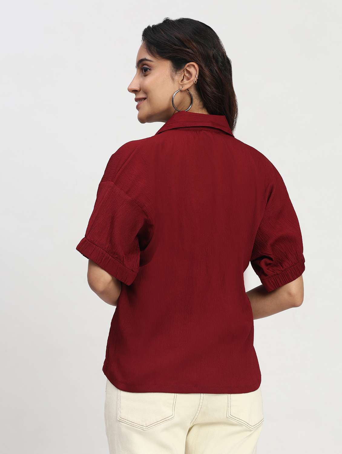 women solid short sleeve collared shirt top - 22083565 - Standard Image - 2