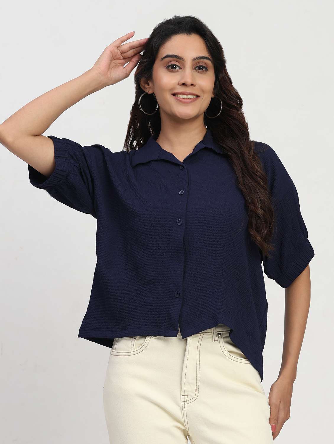 women solid short sleeve collared shirt top