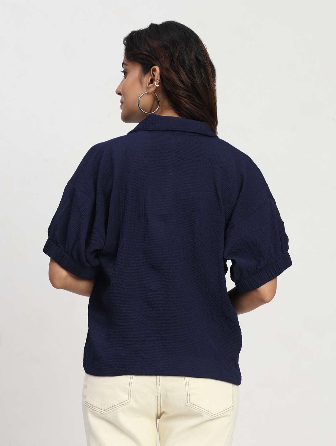 women solid short sleeve collared shirt top - 22083566 - Standard Image - 2