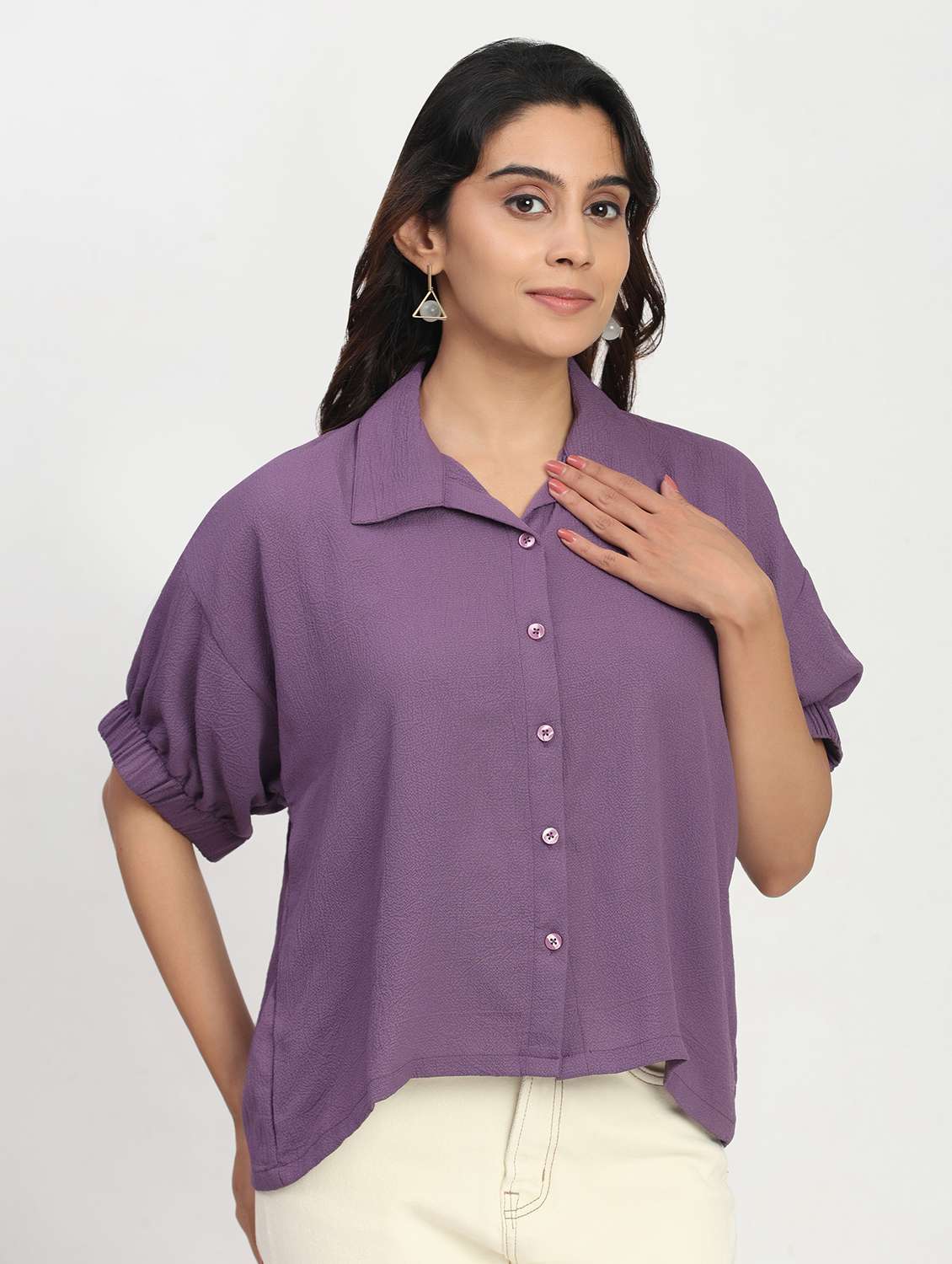 women solid short sleeve collared shirt top - 22083567 - Standard Image - 2