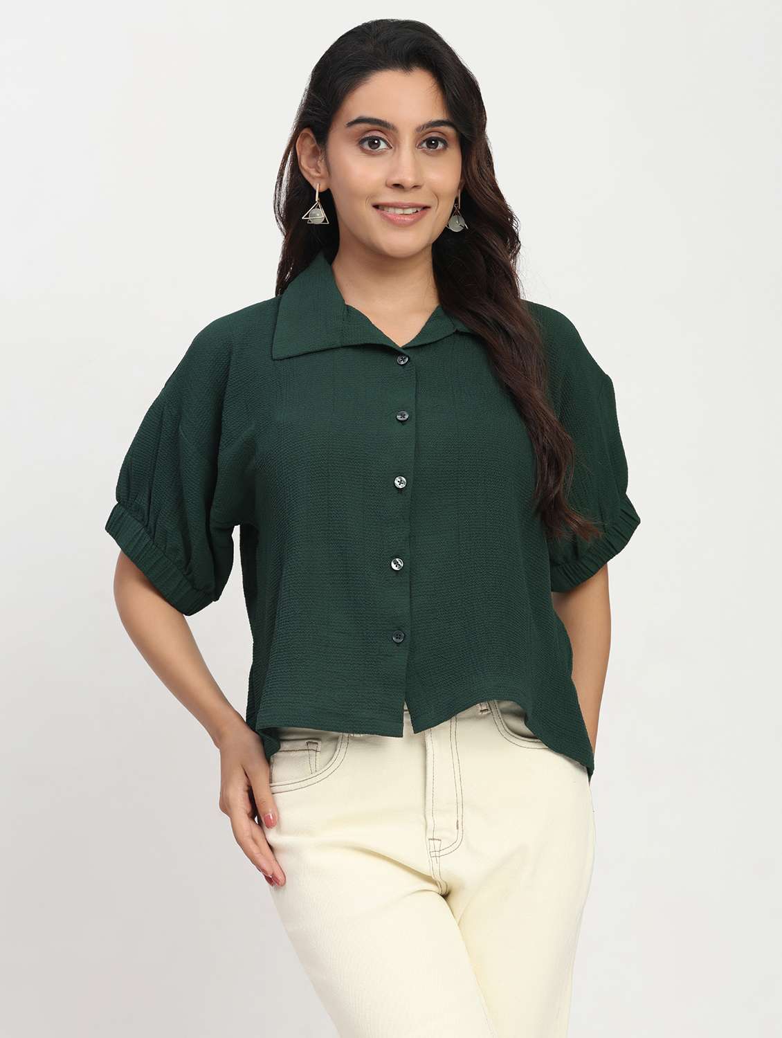 women solid short sleeve collared shirt top