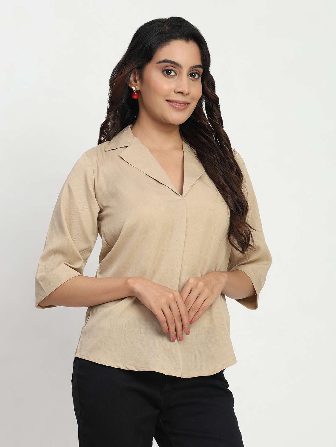 women solid three quarter sleeve lapel collar shirt top - 22083571 - Standard Image - 2