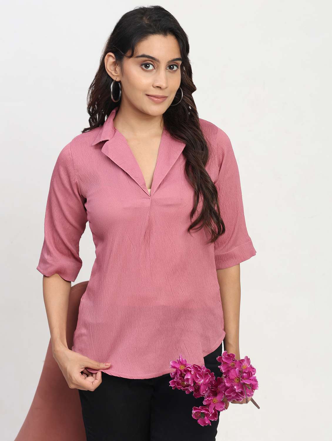 women solid short sleeve lapel collar shirt top - 22083572 -  Zoom Image - 0
