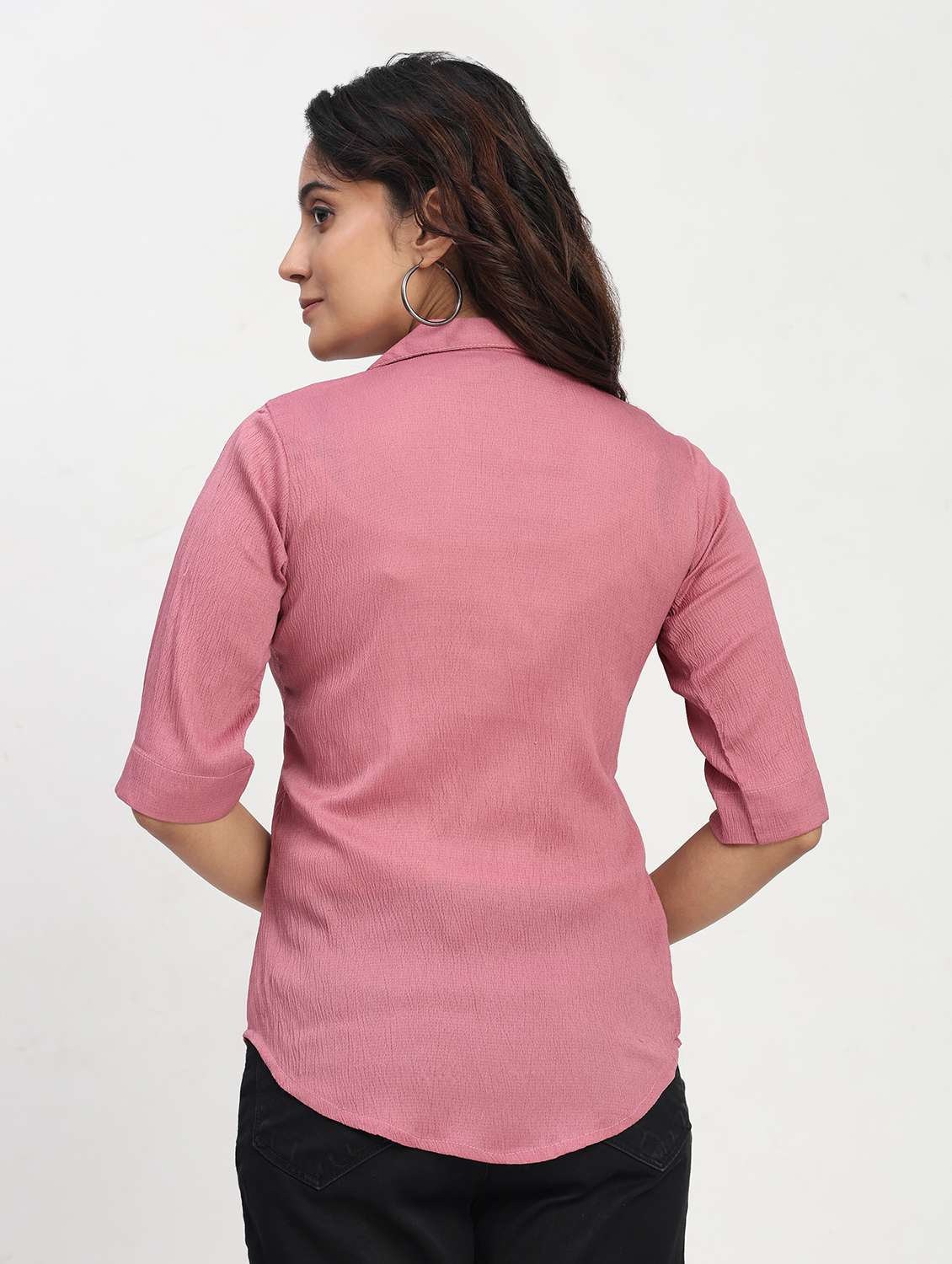 women solid short sleeve lapel collar shirt top - 22083572 - Standard Image - 2