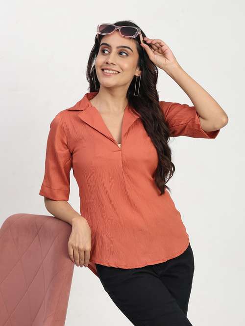 women solid short sleeve lapel collar shirt top - 22083573 -  Standard Image - 0