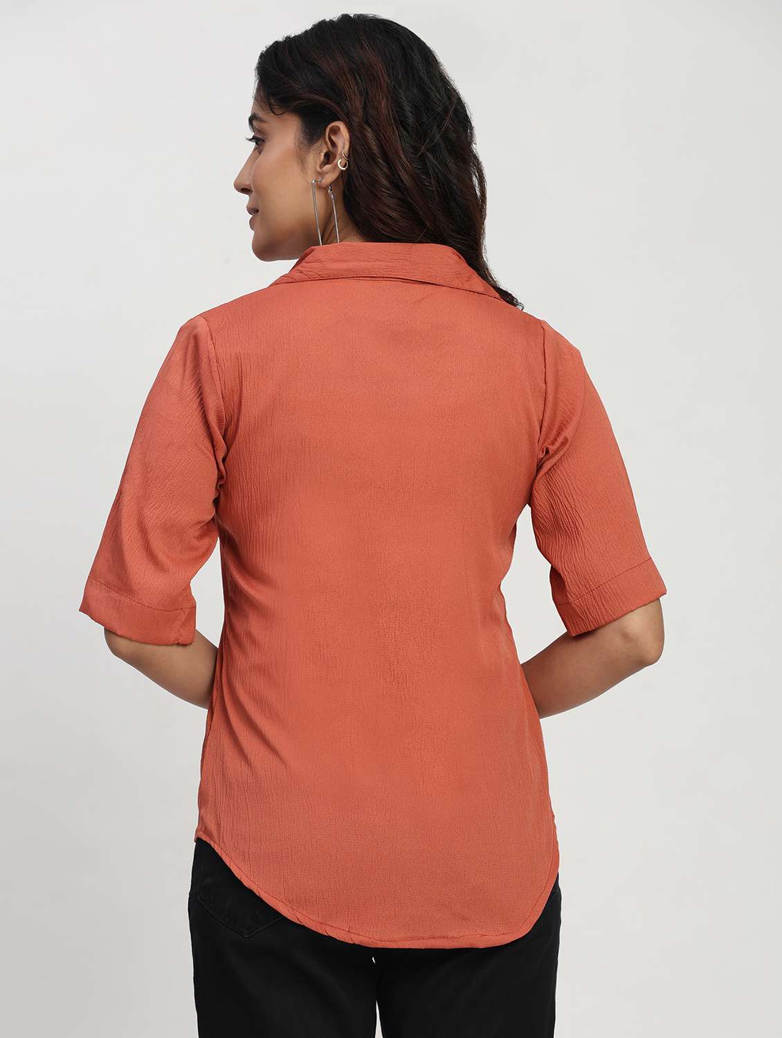 women solid short sleeve lapel collar shirt top - 22083573 - Standard Image - 2