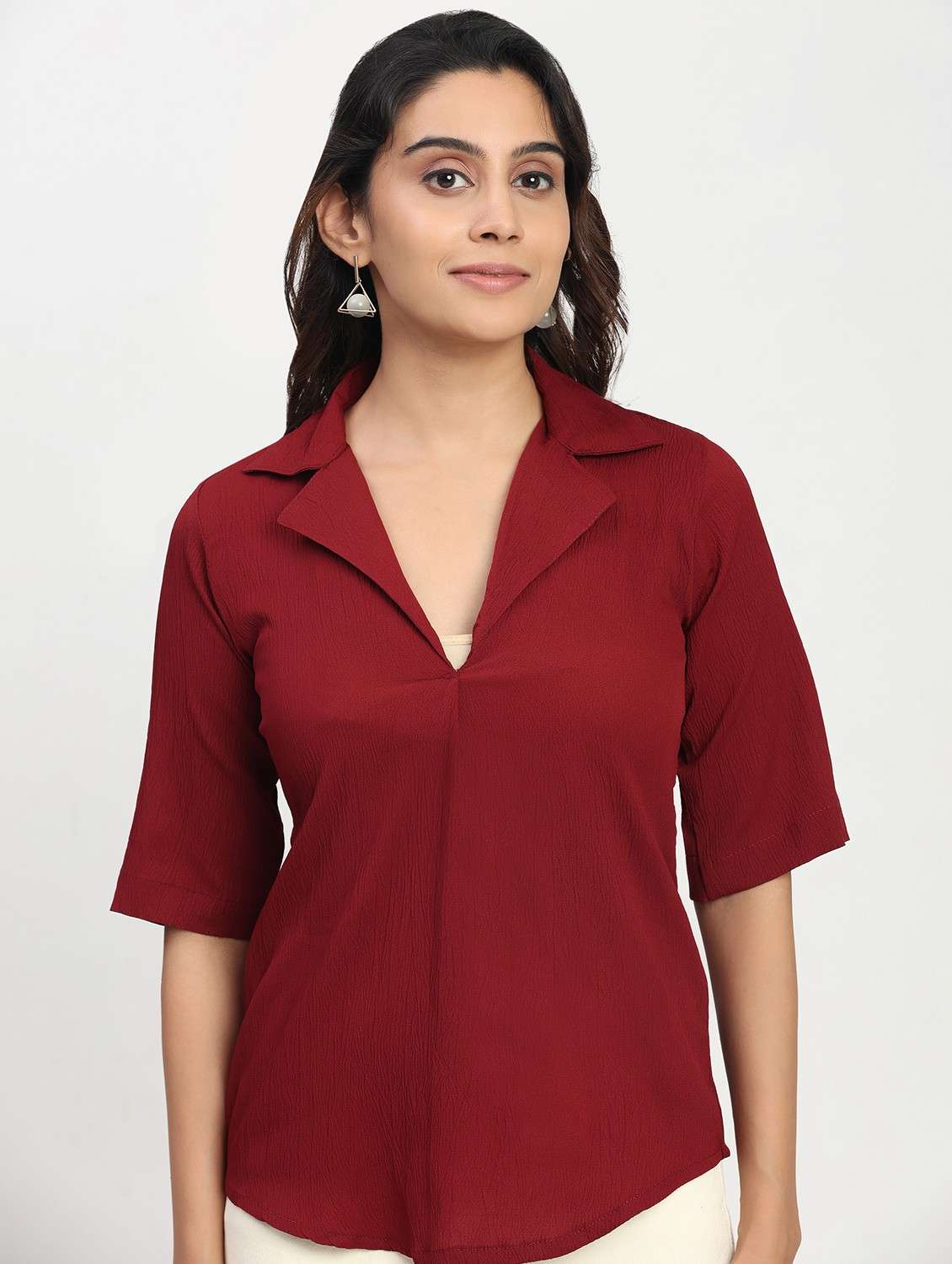 women solid short sleeve lapel collar shirt top - 22083574 - Standard Image - 2