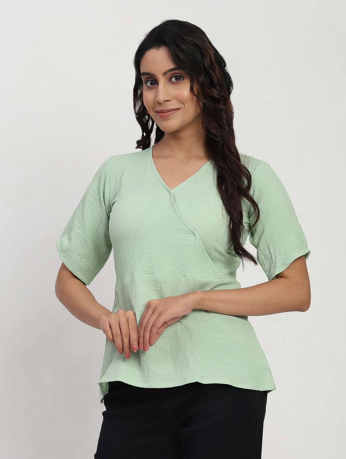 women solid short sleeve overlap neck peplum top - 22083577 - Standard Image - 2