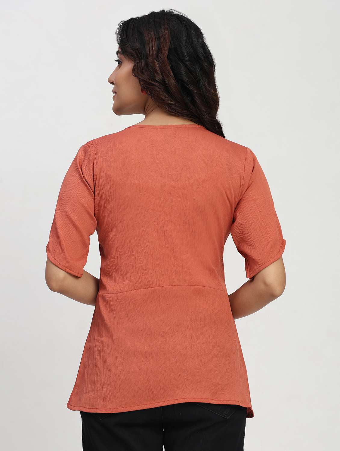 women solid short sleeve overlap neck peplum top - 22083578 - Standard Image - 2