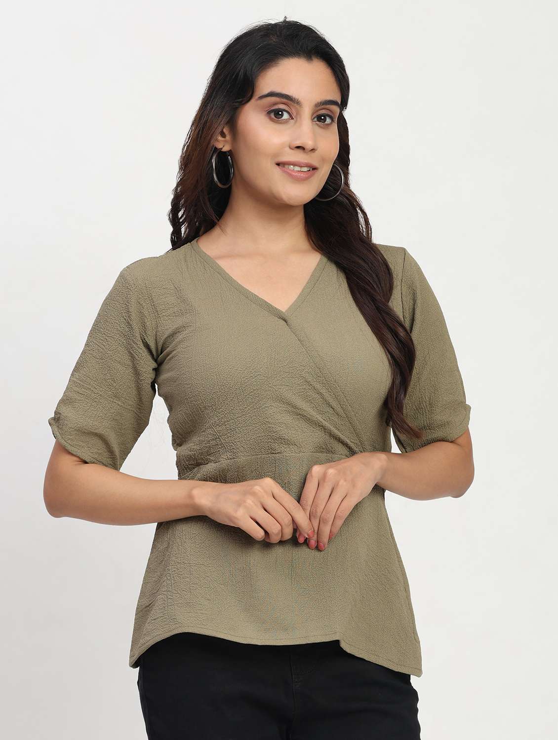 women solid short sleeve overlap neck peplum top - 22083579 - Standard Image - 2