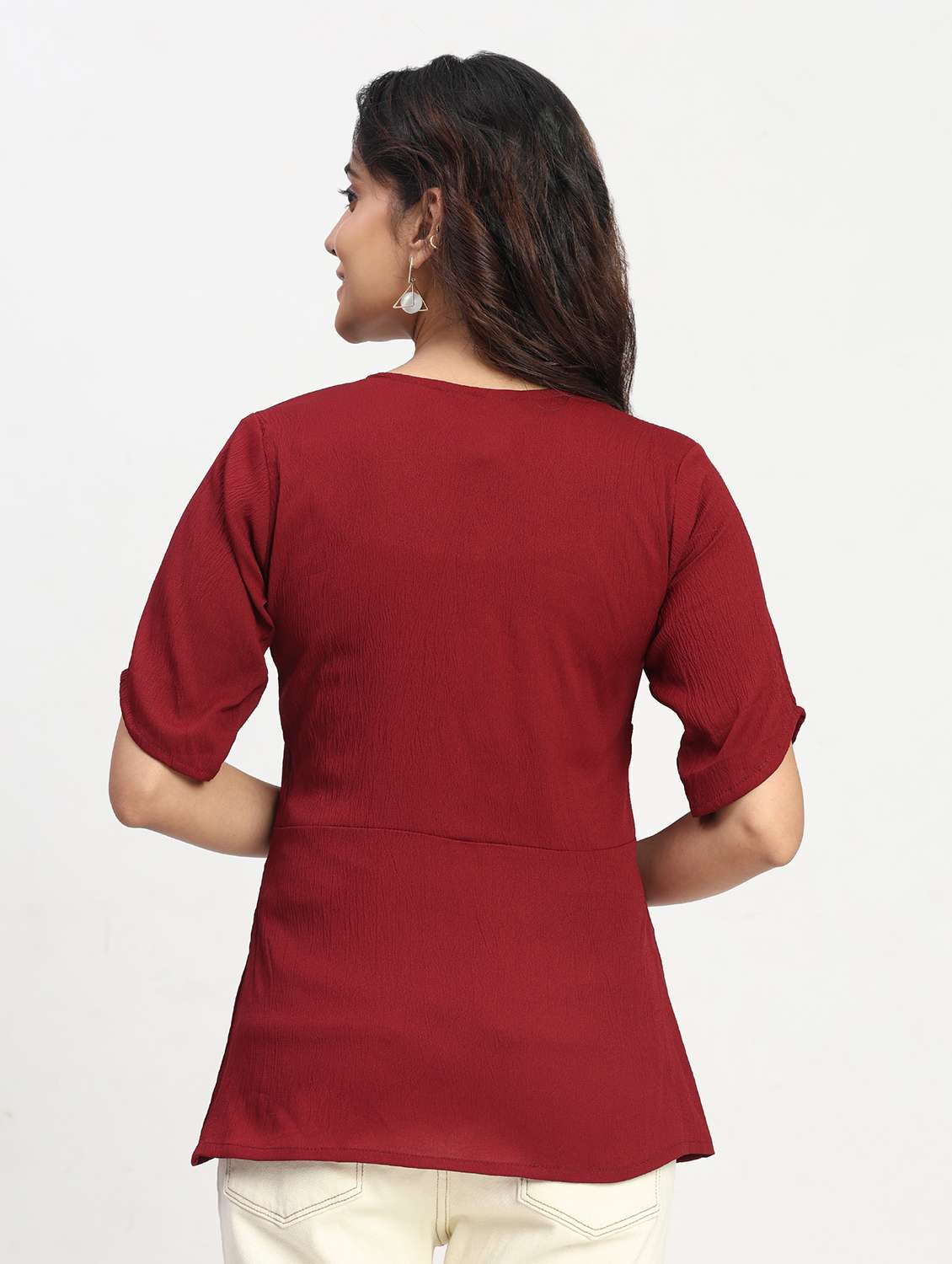 women solid short sleeve overlap neck peplum top - 22083582 - Standard Image - 2