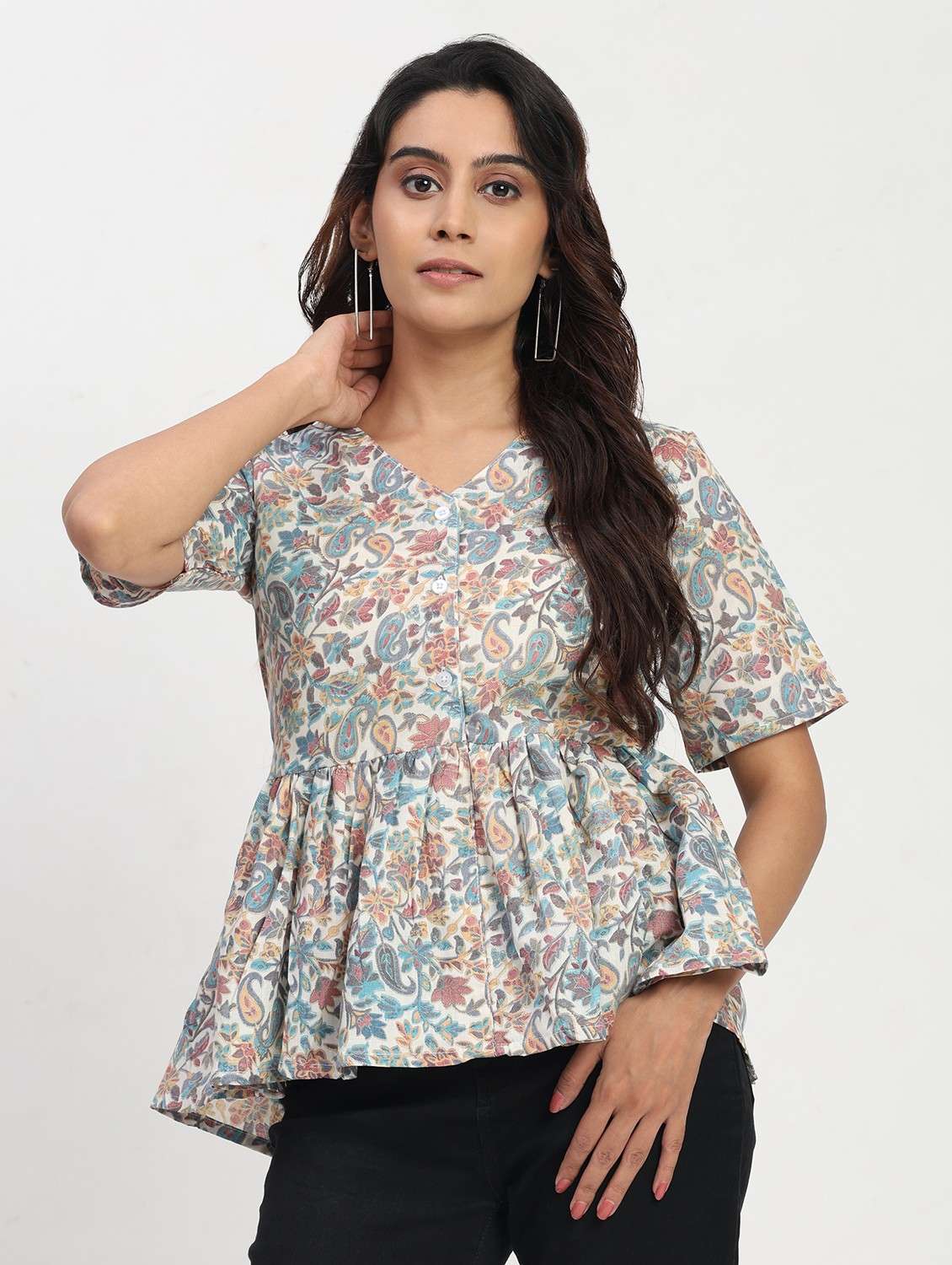 women printed short sleeve overlap neck peplum top - 22083584 -  Standard Image - 2