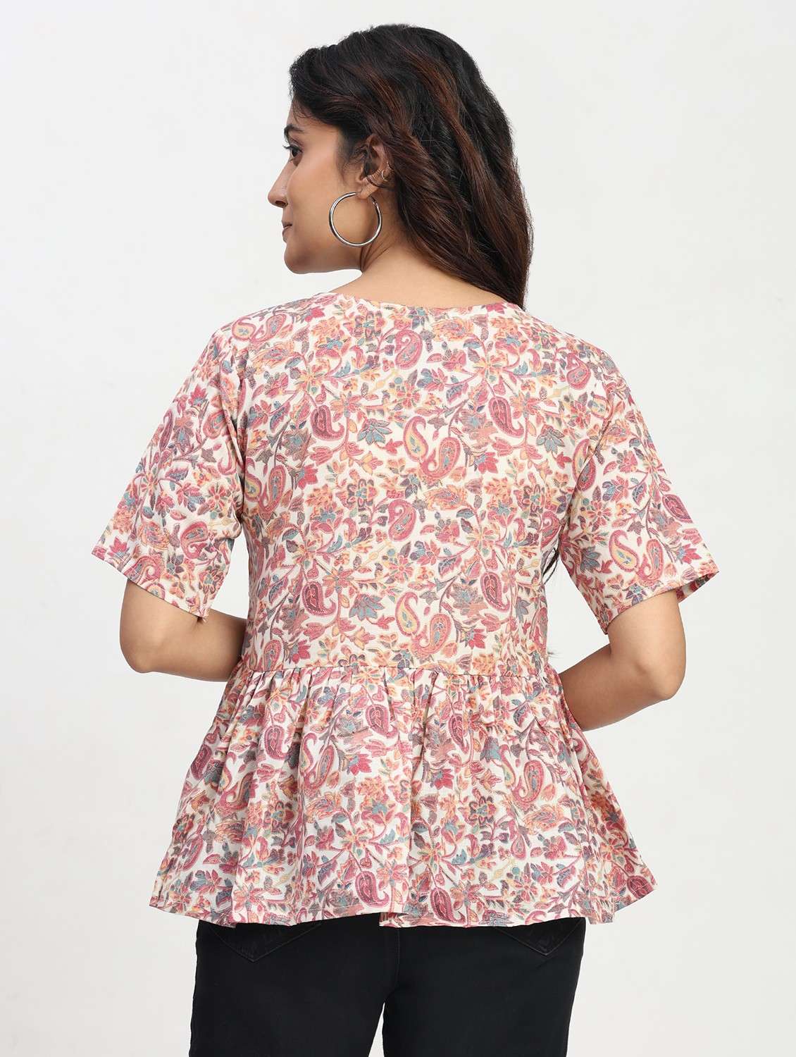 women printed short sleeve overlap neck peplum top - 22083585 - Standard Image - 2