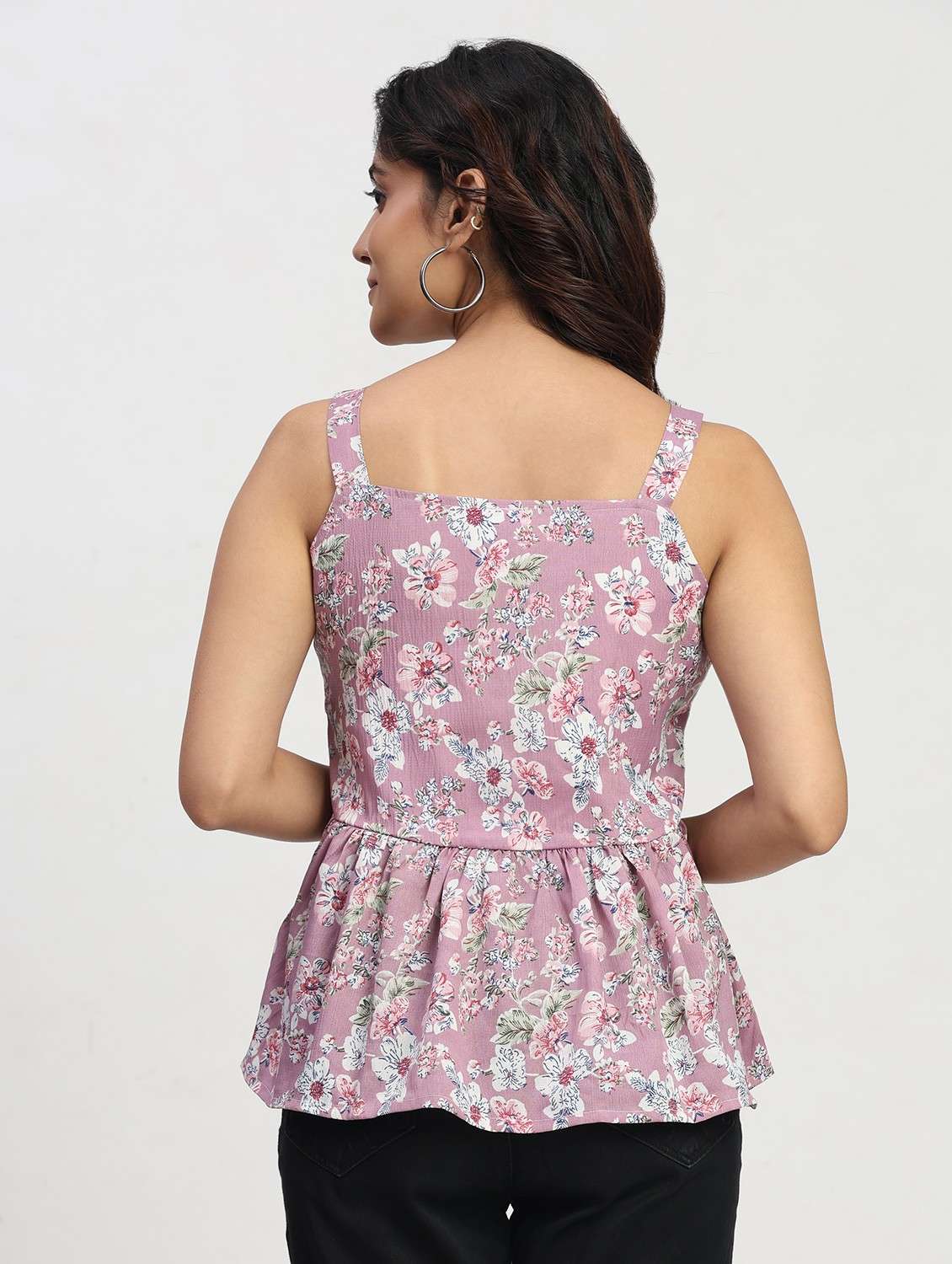 women printed shoulder strap peplum top - 22083589 - Standard Image - 2