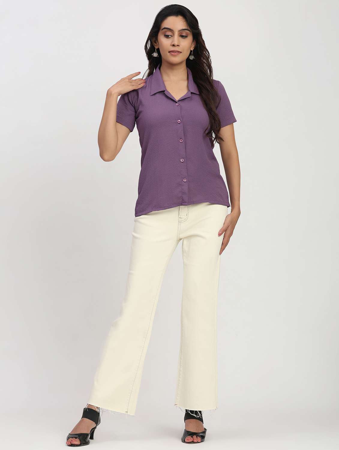 women solid short sleeve collared shirt - 22083594 - Standard Image - 7