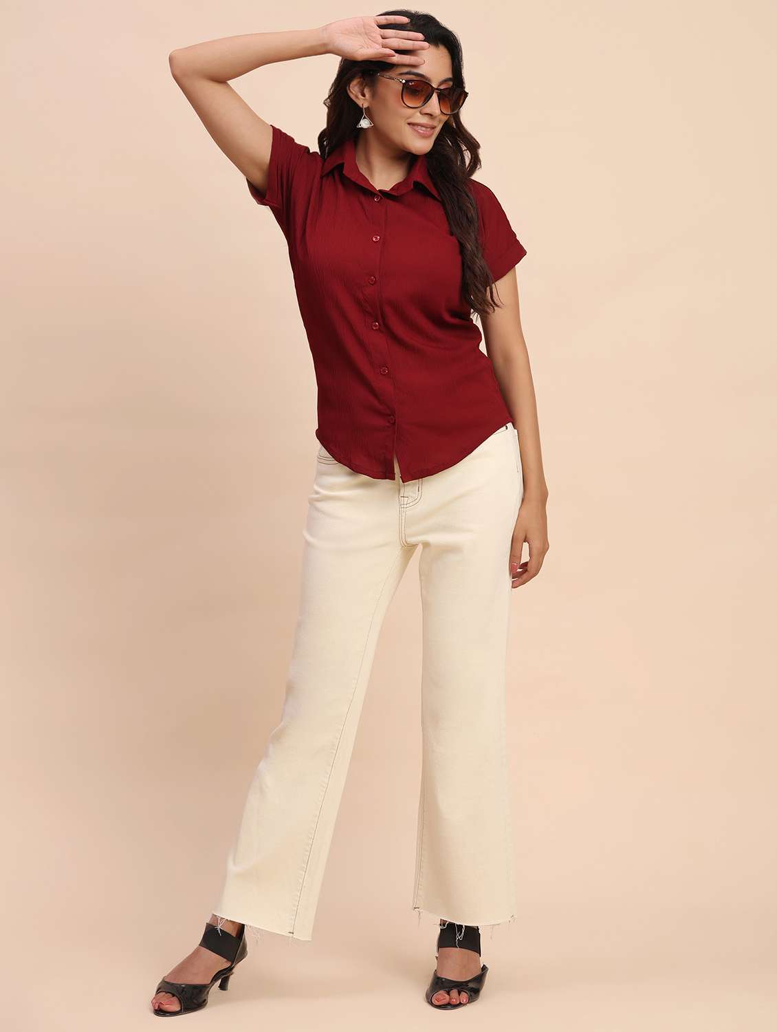 women solid short sleeve collared shirt - 22083598 - Standard Image - 7
