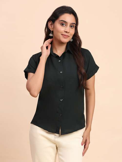 women solid short sleeve collared shirt - 22083599 -  Standard Image - 0