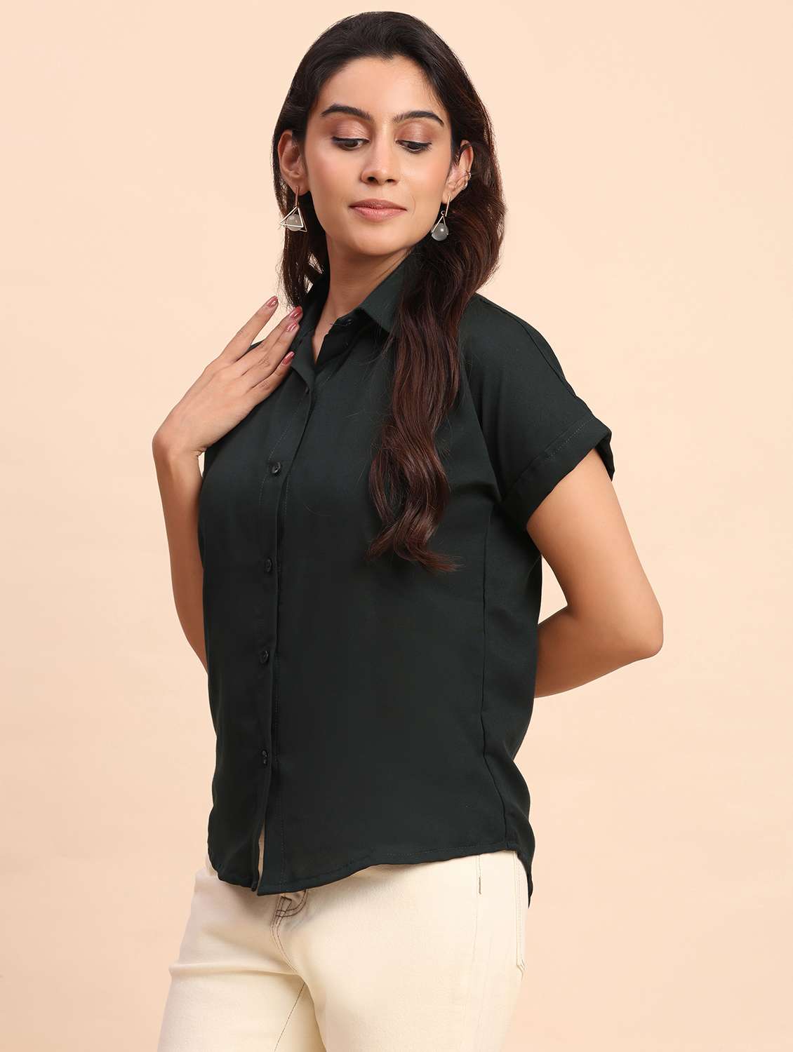 women solid short sleeve collared shirt - 22083599 - Standard Image - 2