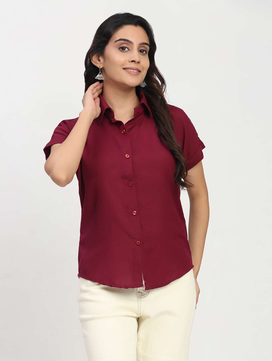 women solid short sleeve collared shirt - 22083601 - Standard Image - 2