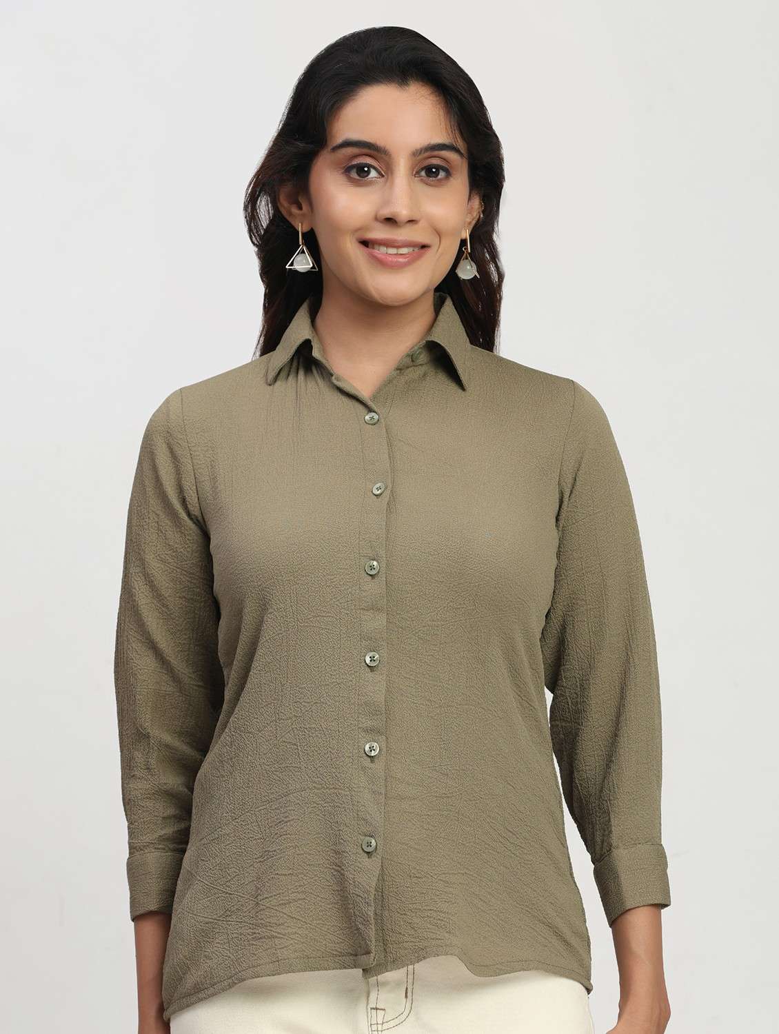 women solid three quarter sleeve collared shirt - 22083604 -  Zoom Image - 0