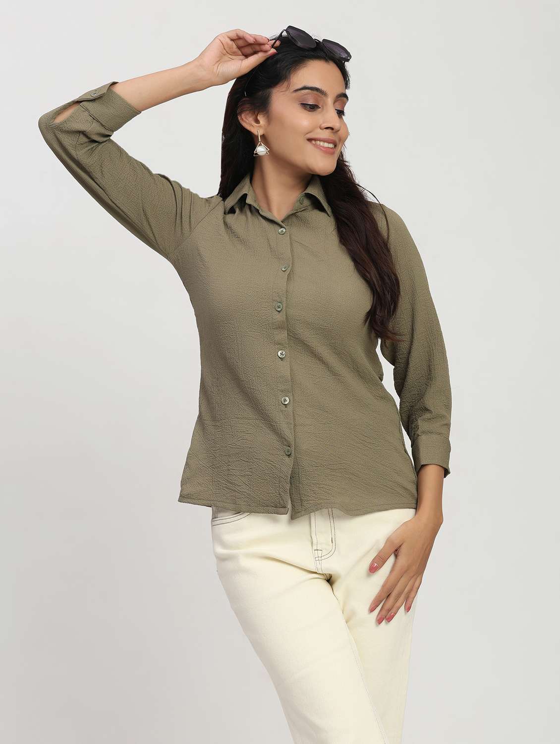 women solid three quarter sleeve collared shirt - 22083604 - Standard Image - 2