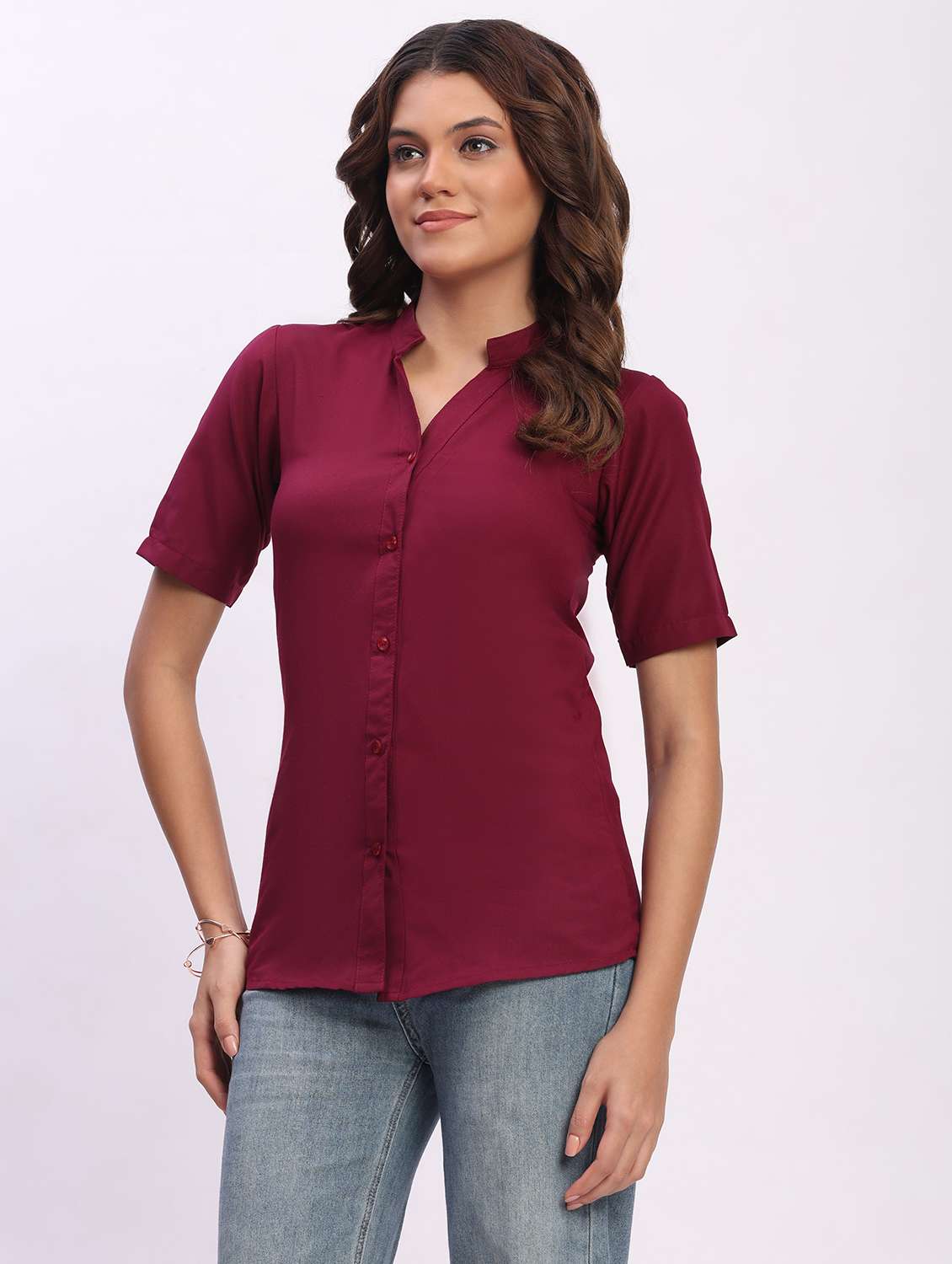women solid short sleeve mandarin collar shirt - 22083610 - Standard Image - 2