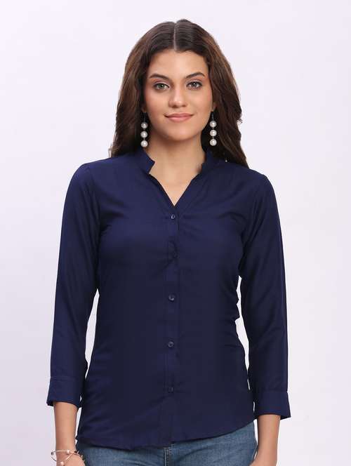women solid three quarter sleeve mandarin collar shirt - 22083611 - Standard Image - 0