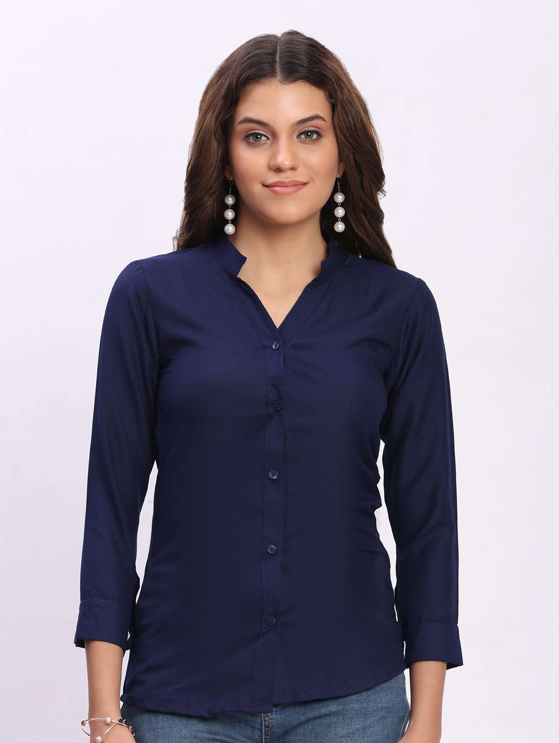 women solid three quarter sleeve mandarin collar shirt - 22083611 - Zoom Image - 0