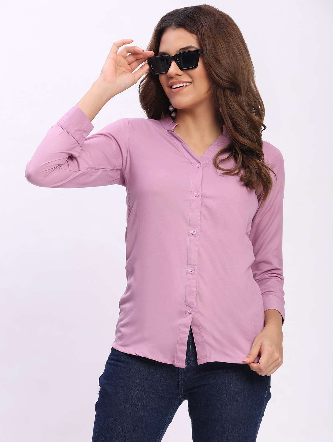 women solid three quarter sleeve mandarin collar shirt - 22083612 - Standard Image - 2