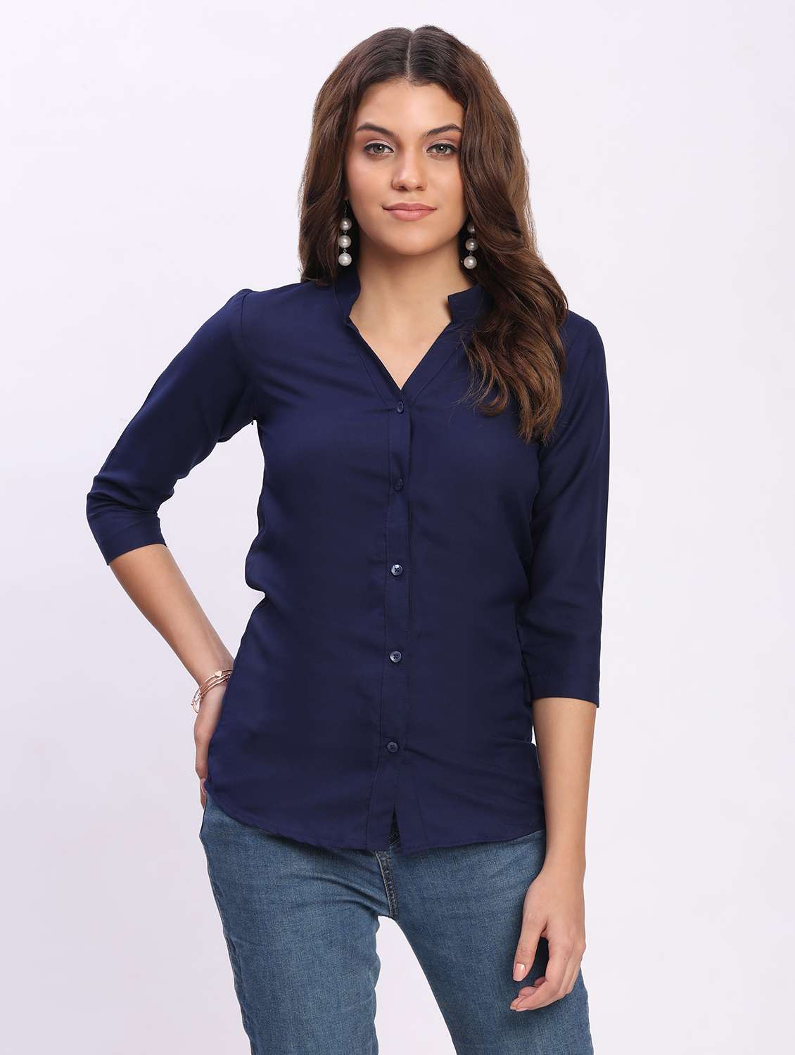 women solid three quarter sleeve mandarin collar shirt - 22083615 - Standard Image - 2