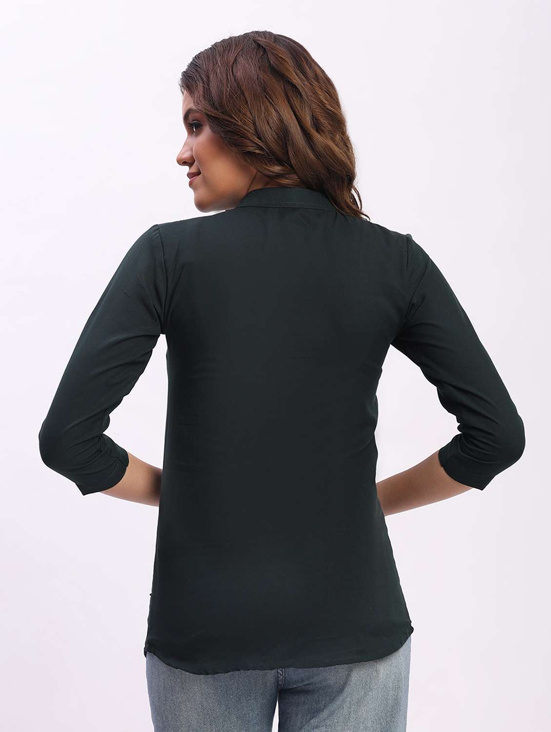 women solid three quarter sleeve mandarin collar shirt - 22083617 - Standard Image - 2