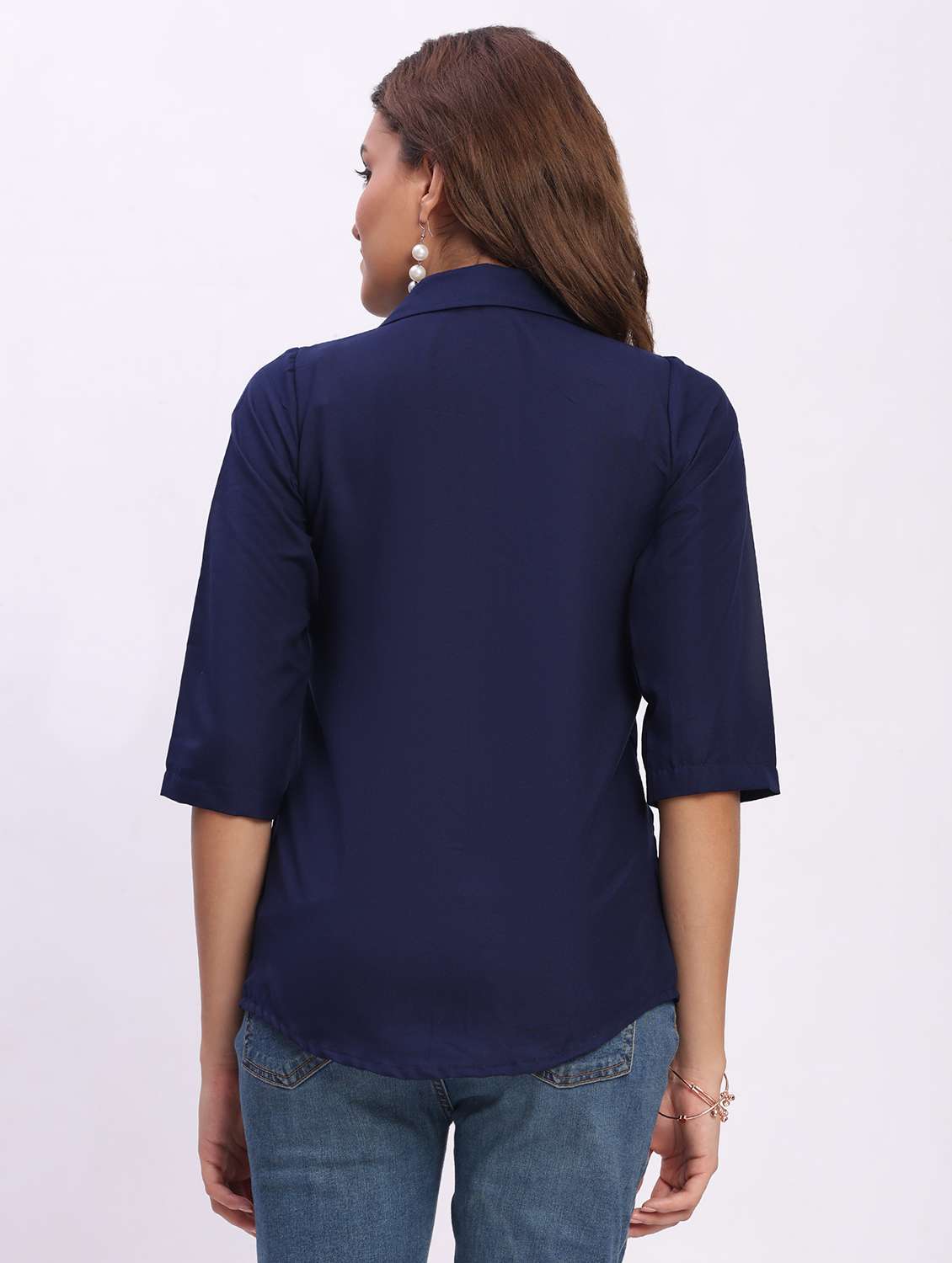 women solid three quarter sleeve collared shirt - 22083619 - Standard Image - 2