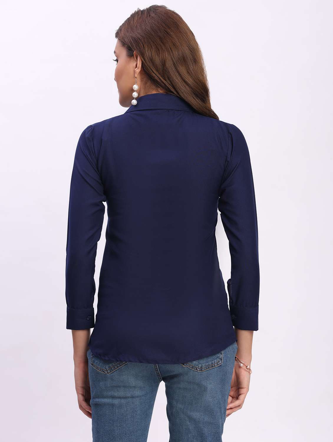 women solid three quarter sleeve collared shirt - 22083623 - Standard Image - 2