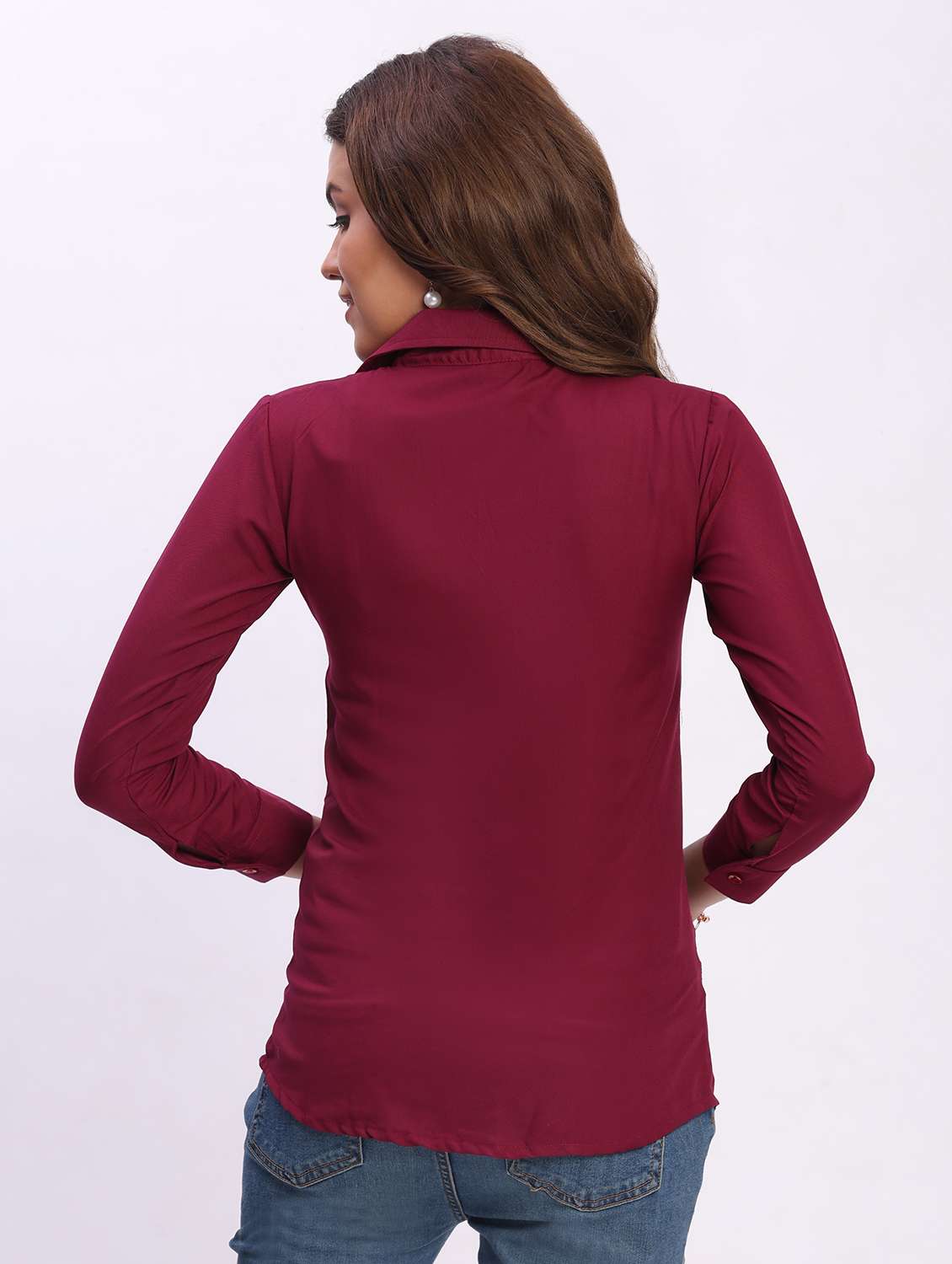 women solid three quarter sleeve collared shirt - 22083629 - Standard Image - 2