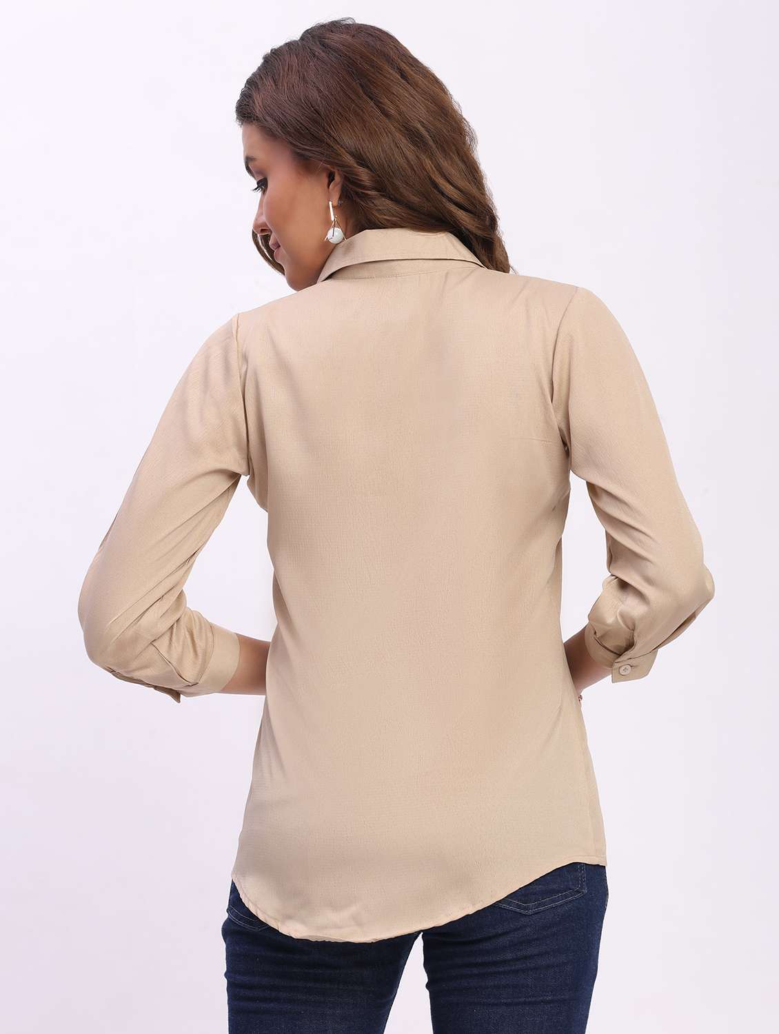 women solid three quarter sleeve collared shirt - 22083632 - Standard Image - 2