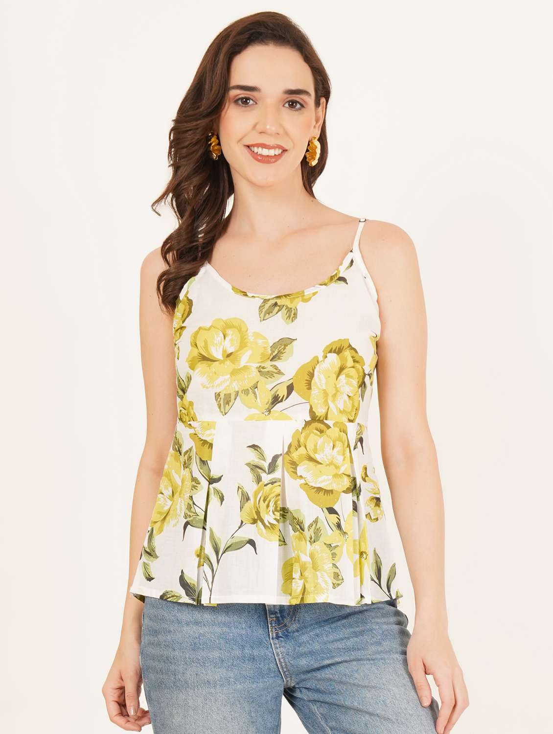 women printed shoulder strap peplum top